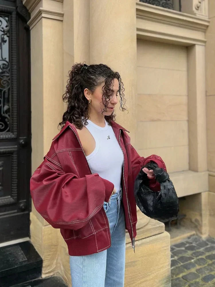 Women’s Oversized Leather Bomber Zip Jacket