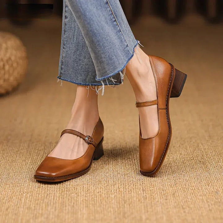 Women’s Spring Strap Block Heel Real Leather Shoes