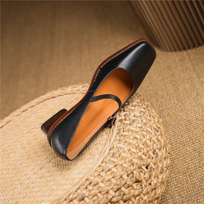 Women’s Spring Strap Block Heel Real Leather Shoes