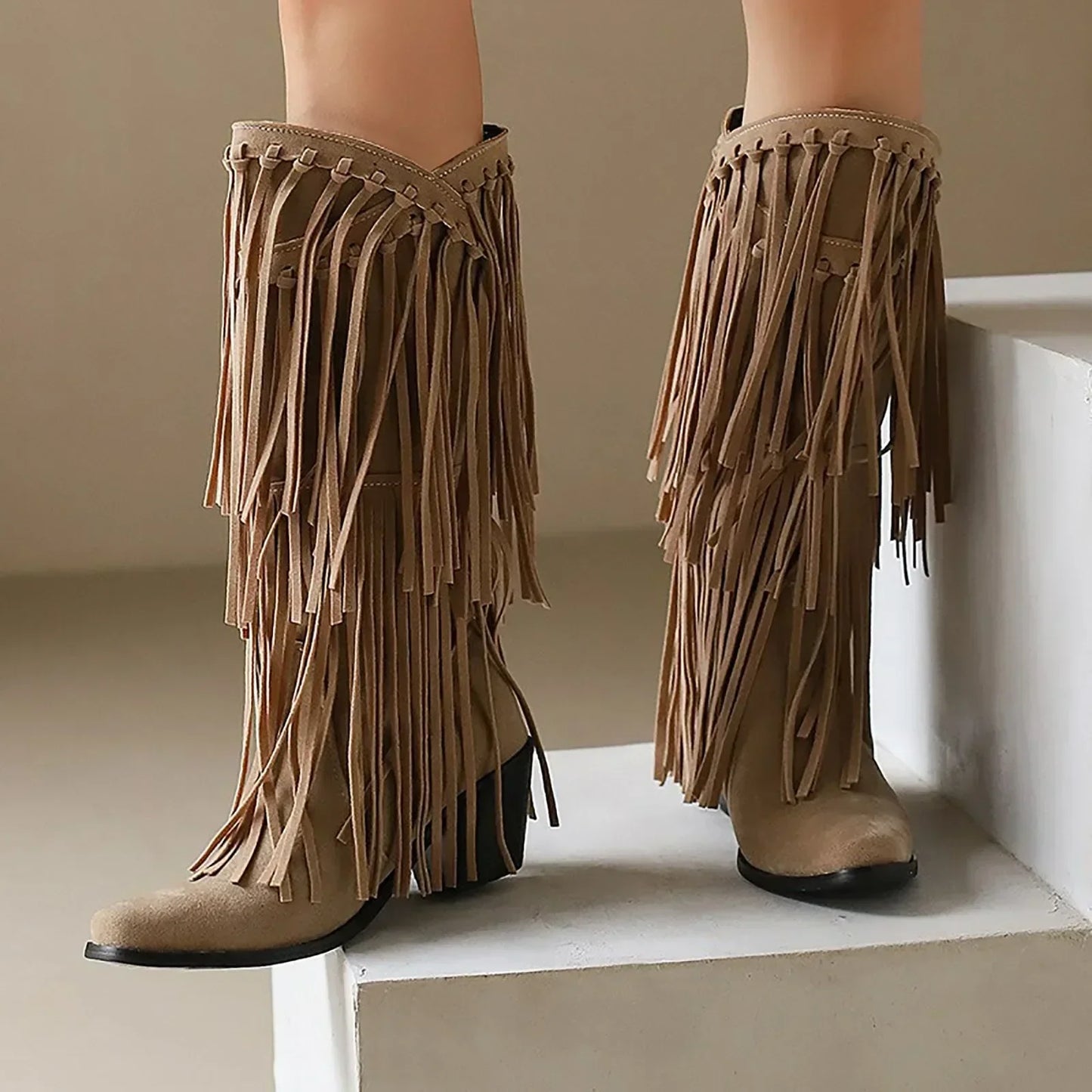 Jessica | Botas hasta la rodilla con flecos para mujer estilo western
