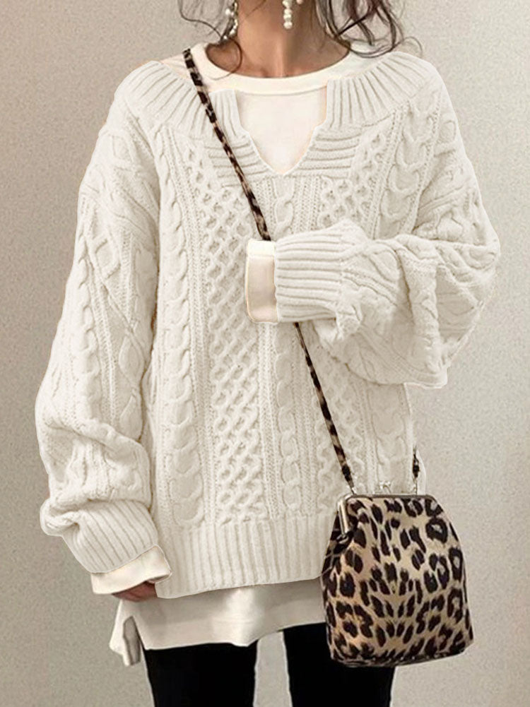 Women’s Cable Knit Sweater with V-Neck Detail