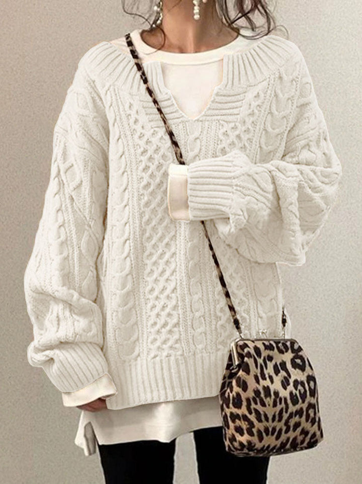 Women’s Cable Knit Sweater with V-Neck Detail