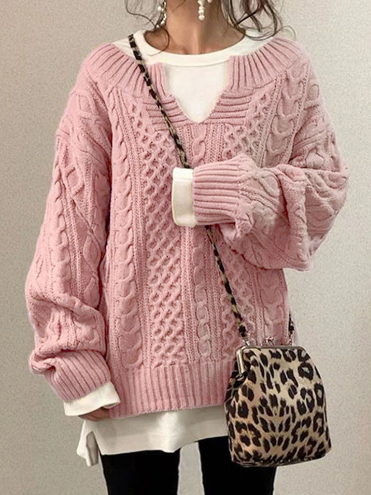 Women’s Cable Knit Sweater with V-Neck Detail