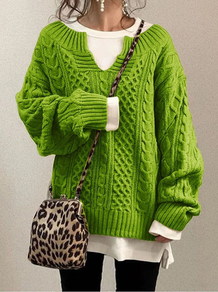 Women’s Cable Knit Sweater with V-Neck Detail