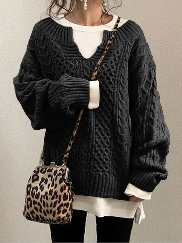 Women’s Cable Knit Sweater with V-Neck Detail