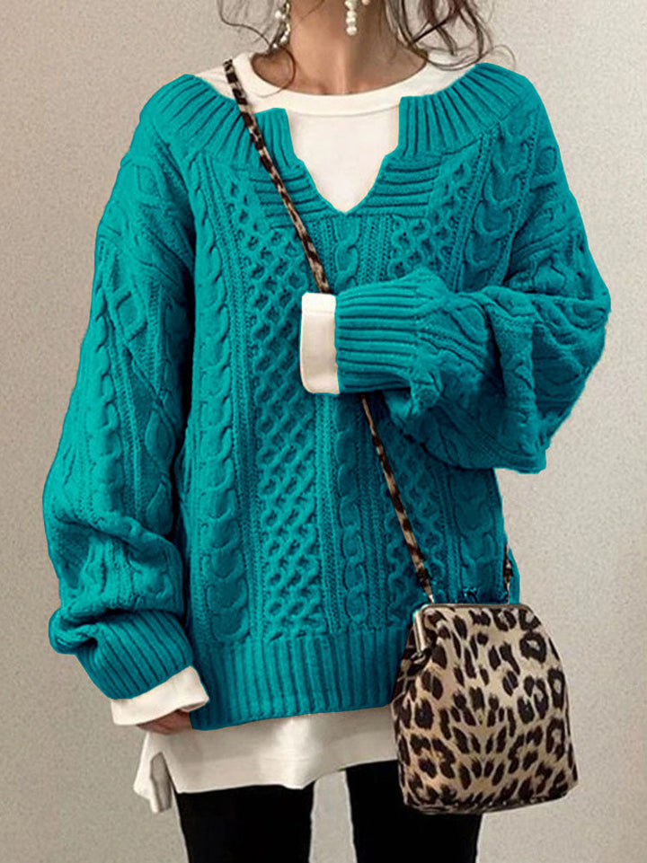 Women’s Cable Knit Sweater with V-Neck Detail