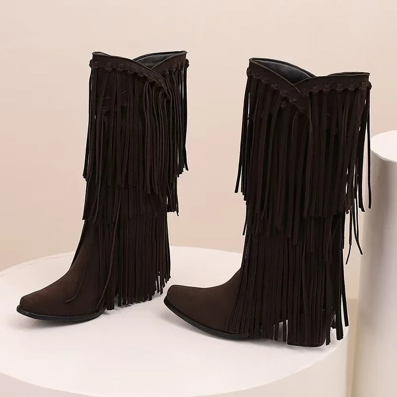Jessica | Botas hasta la rodilla con flecos para mujer estilo western