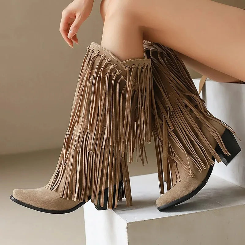 Jessica | Botas hasta la rodilla con flecos para mujer estilo western