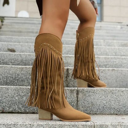 Women’s Fringe High Heel Boots with Studs