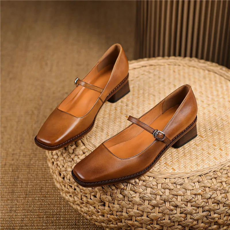 Women’s Spring Strap Block Heel Real Leather Shoes