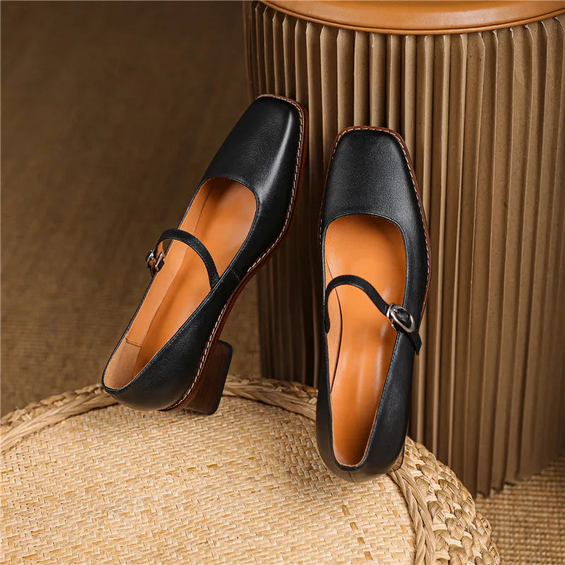 Women’s Spring Strap Block Heel Real Leather Shoes