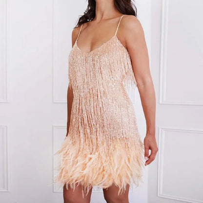Lily | Vestido de cóctel para mujer con flecos y plumas