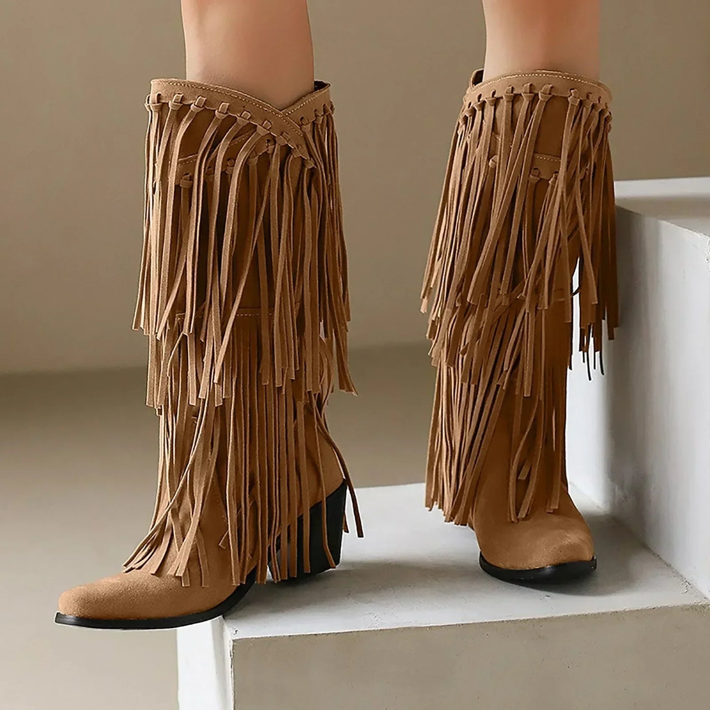 Jessica | Botas hasta la rodilla con flecos para mujer estilo western