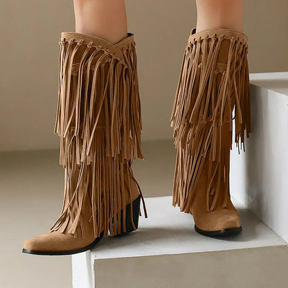 Jessica | Botas hasta la rodilla con flecos para mujer estilo western