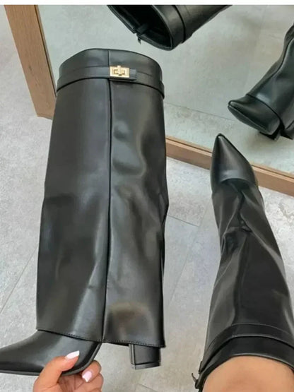 Women’s Leather Thigh-High Boots with Buckle