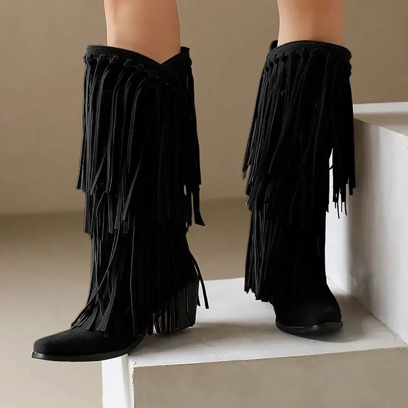Jessica | Botas hasta la rodilla con flecos para mujer estilo western