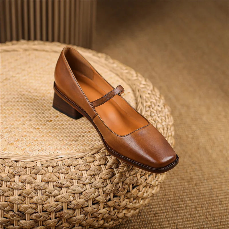 Women’s Spring Strap Block Heel Real Leather Shoes