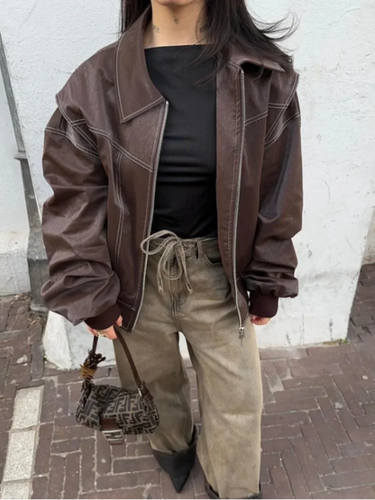 Samantha | Women’s Oversized Leather Bomber Zip Jacket