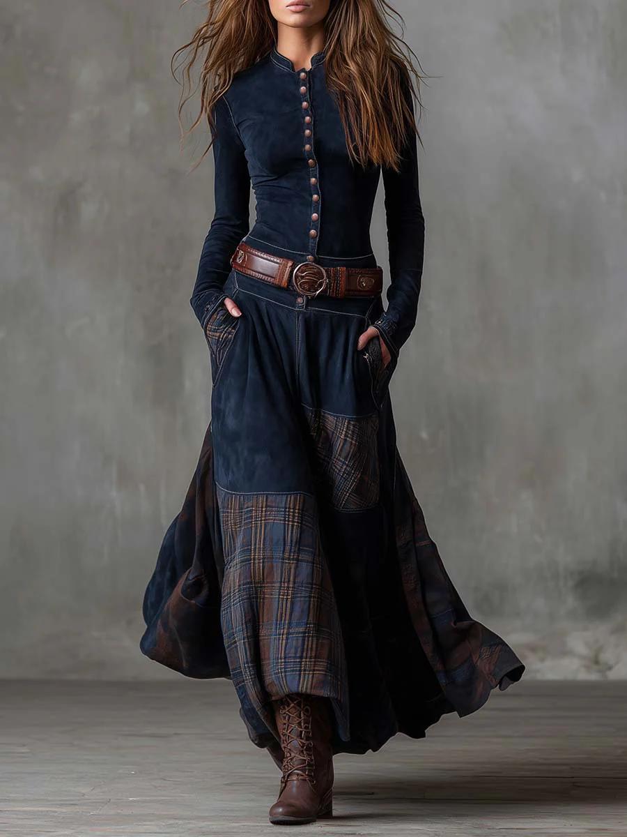 Leonora | Vestido largo vintage de ante azul marino a cuadros (incluye cinturón)