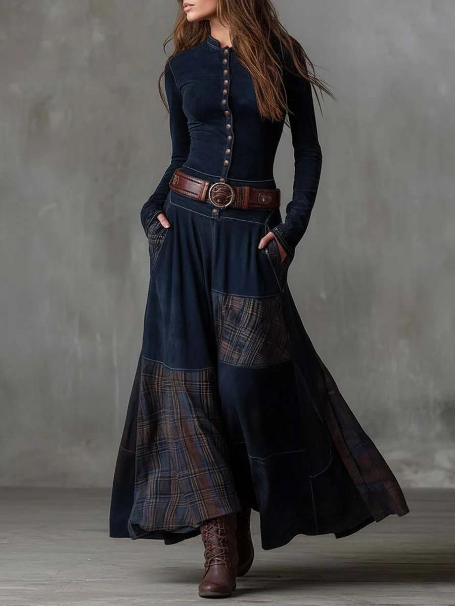 Leonora | Vestido largo vintage de ante azul marino a cuadros (incluye cinturón)