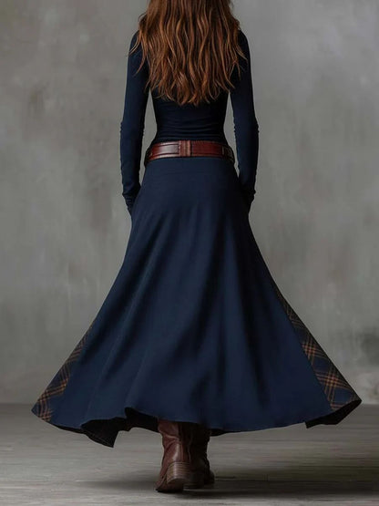 Leonora | Vestido largo vintage de ante azul marino a cuadros (incluye cinturón)