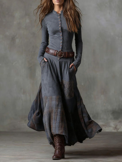 Leonora | Vestido largo vintage de ante azul marino a cuadros (incluye cinturón)