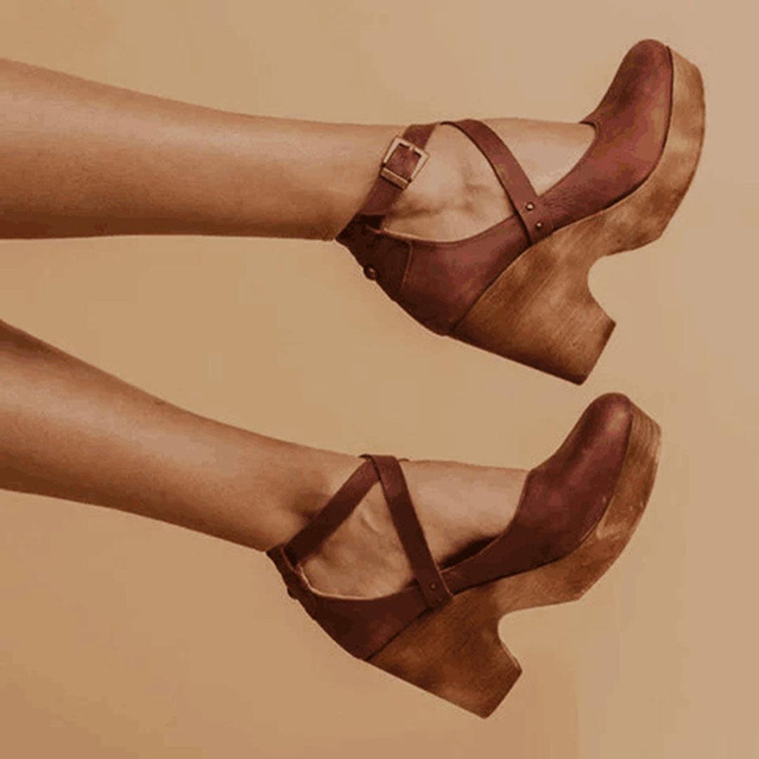 Women’s Vintage Style Cross Strap Real Leather Heels