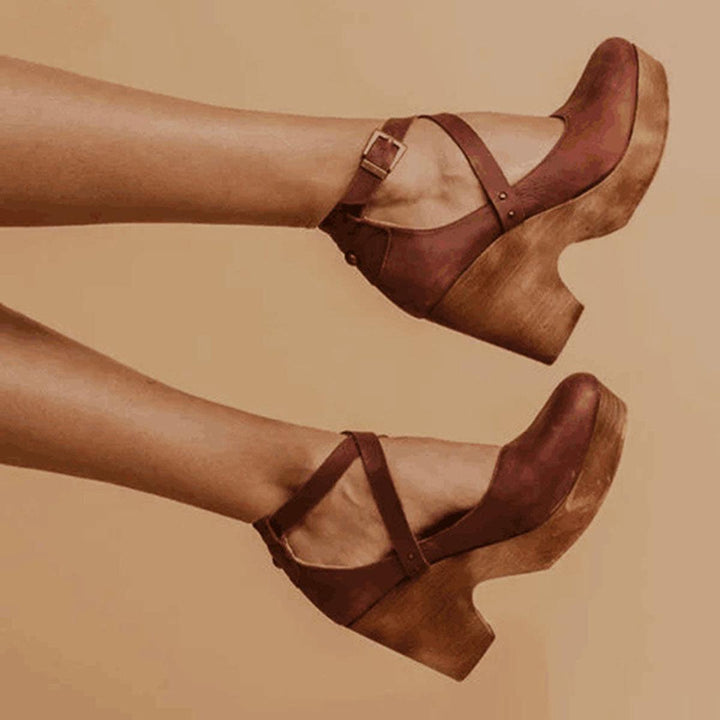 Women’s Vintage Style Cross Strap Real Leather Heels