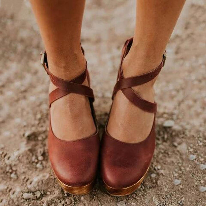 Women’s Vintage Style Cross Strap Real Leather Heels