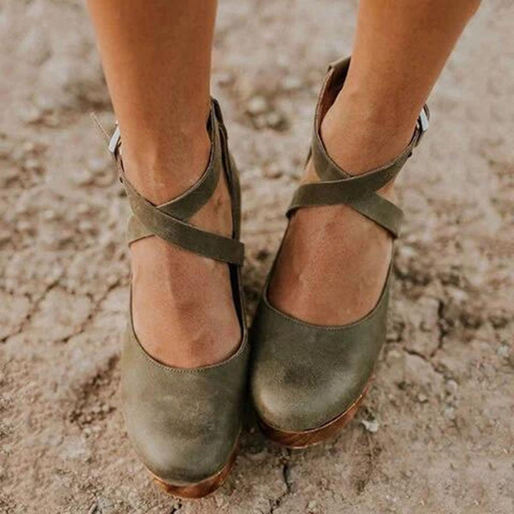 Women’s Vintage Style Cross Strap Real Leather Heels