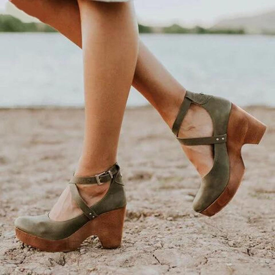 Women’s Vintage Style Cross Strap Real Leather Heels