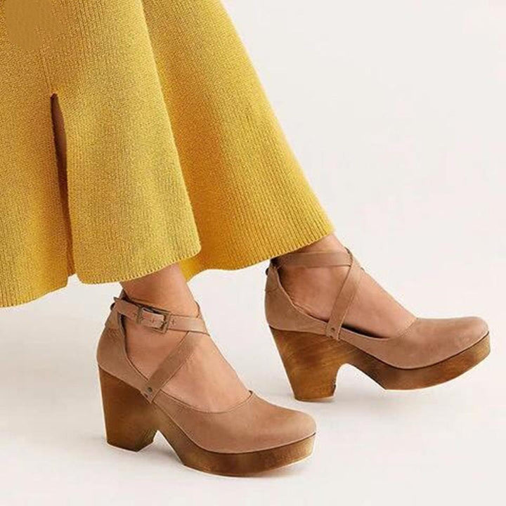 Women’s Vintage Style Cross Strap Real Leather Heels