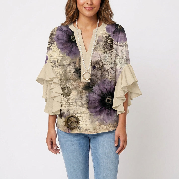 Wren | Women's Cotton Baroque Floral Ruffle Sleeve V-Neck Blouse