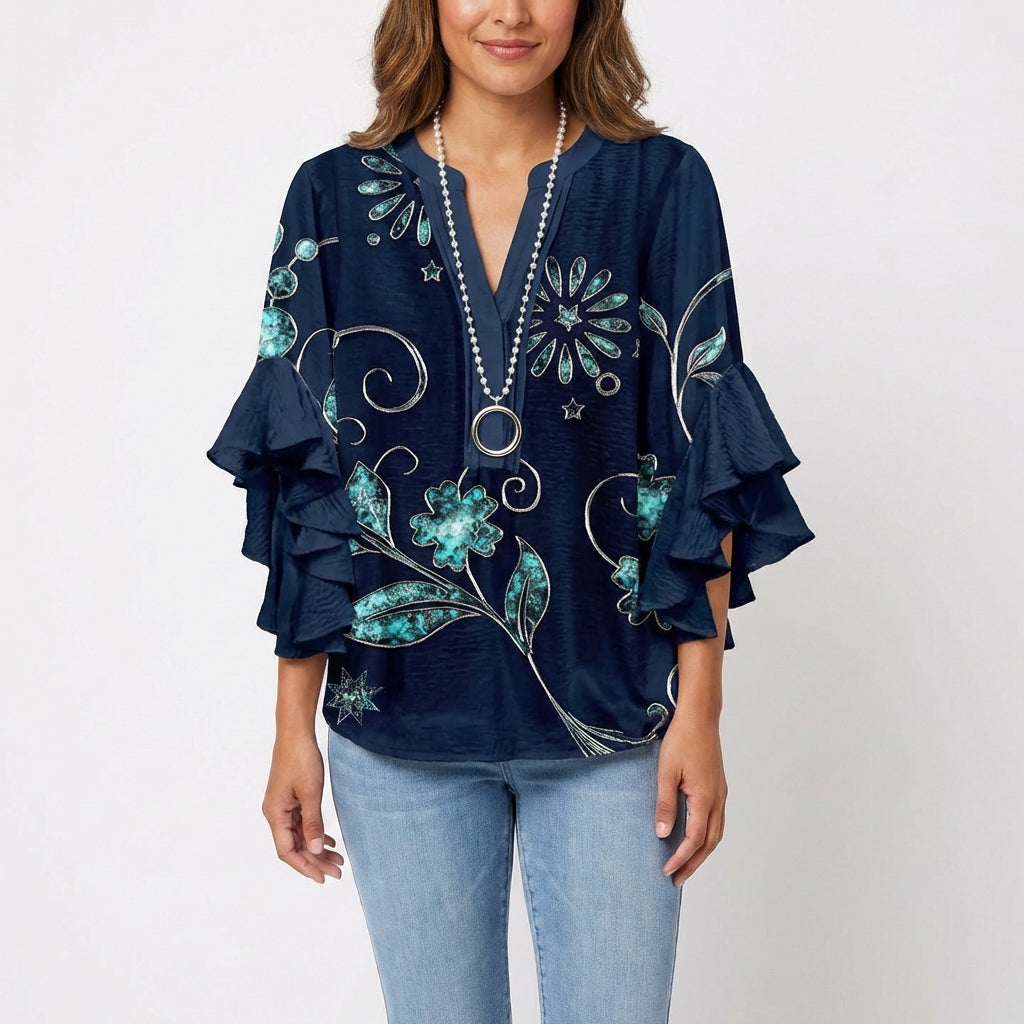 Wren | Women's Cotton Baroque Floral Ruffle Sleeve V-Neck Blouse