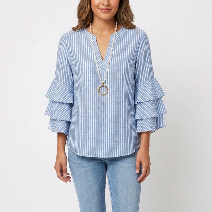 Wren | Women's Cotton Baroque Floral Ruffle Sleeve V-Neck Blouse