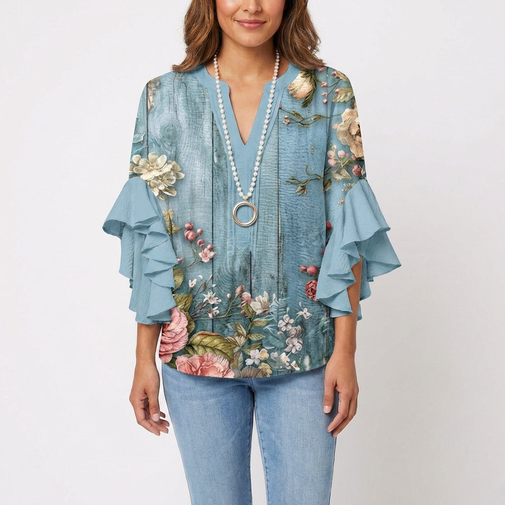 Wren | Women's Cotton Baroque Floral Ruffle Sleeve V-Neck Blouse