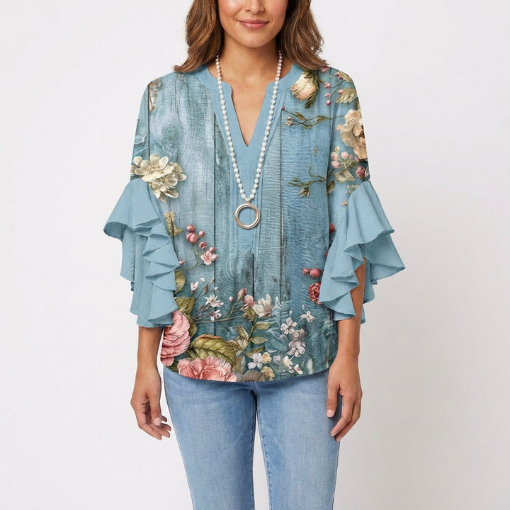 Wren | Women's Cotton Baroque Floral Ruffle Sleeve V-Neck Blouse