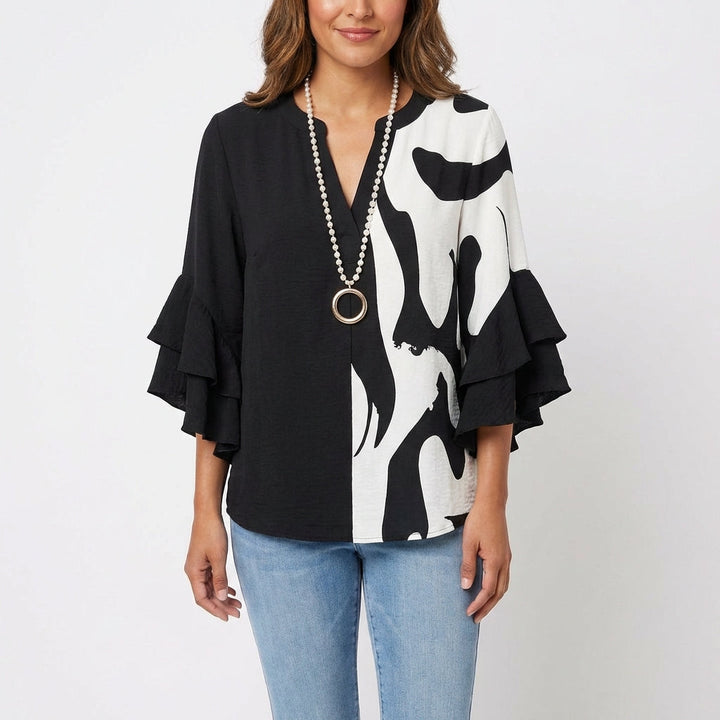 Wren | Women's Cotton Baroque Floral Ruffle Sleeve V-Neck Blouse