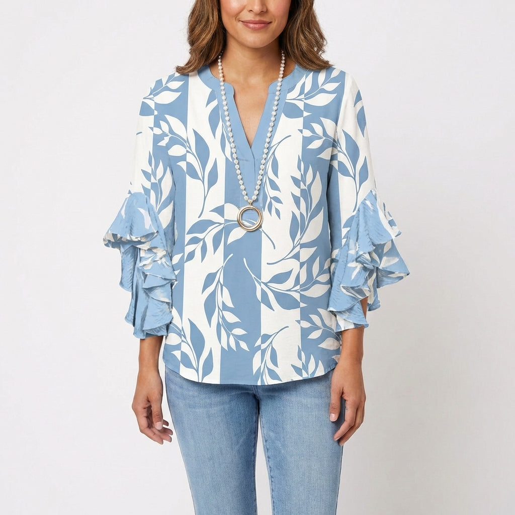 Wren | Women's Cotton Baroque Floral Ruffle Sleeve V-Neck Blouse
