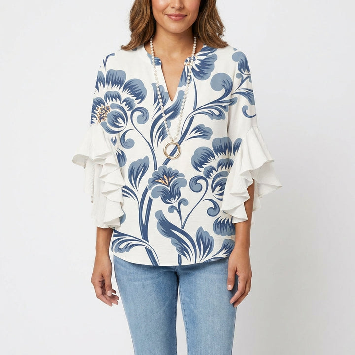 Wren | Women's Cotton Baroque Floral Ruffle Sleeve V-Neck Blouse