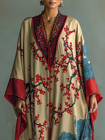Maxivestido japonés con estampado de flores de ciruelo rojo y mangas murciélago