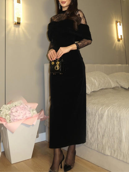 Vestido maxi ajustado de terciopelo negro con encaje