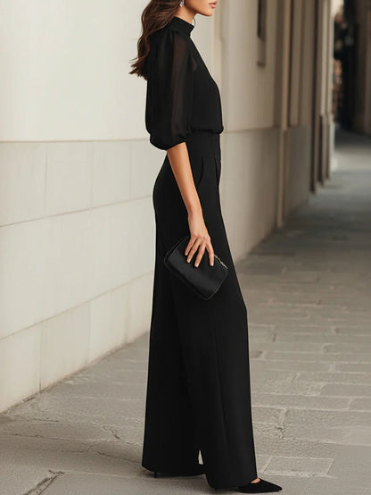 Conjunto de tres piezas de top lencero negro transparente y pantalón de pernera ancha