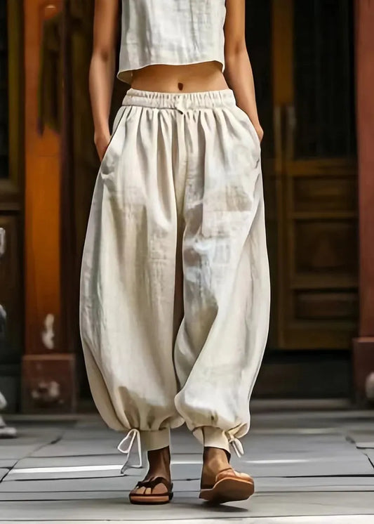 Amara - Cutton Linen Drawstring Elastic Waist Beam Pants