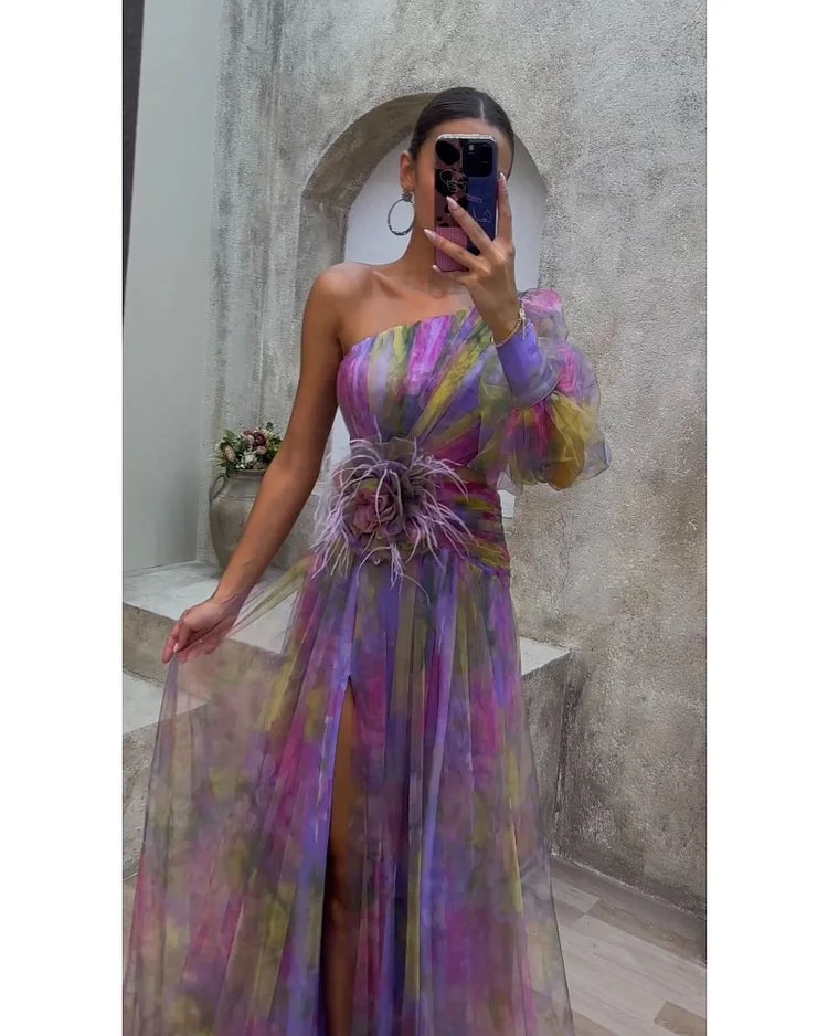 Asymmetrical One Sleeve Split Dress