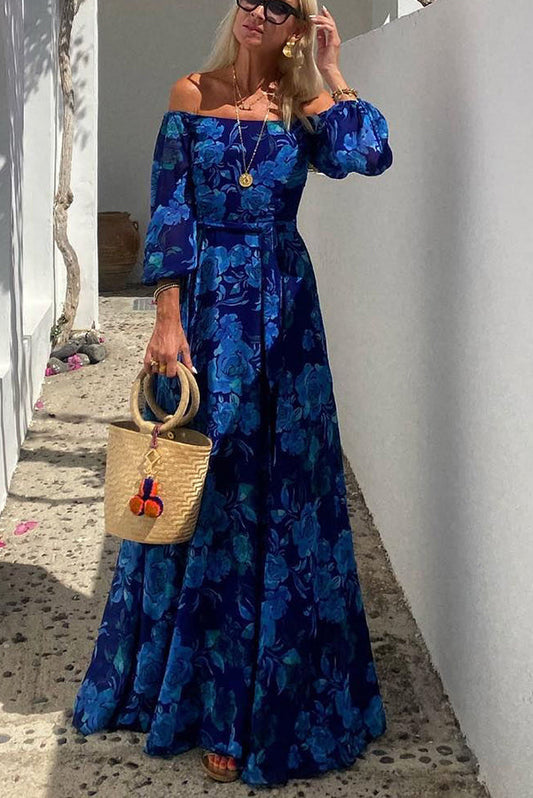 Francesca - Vestido largo con estampado floral y hombros descubiertos