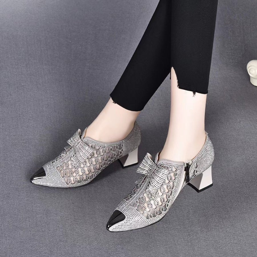 2024 Summer Casual Rhinestone Hollow Chunky Heel Shoes and New Belt Buckle Solid Color Plus Size Women's Sandals