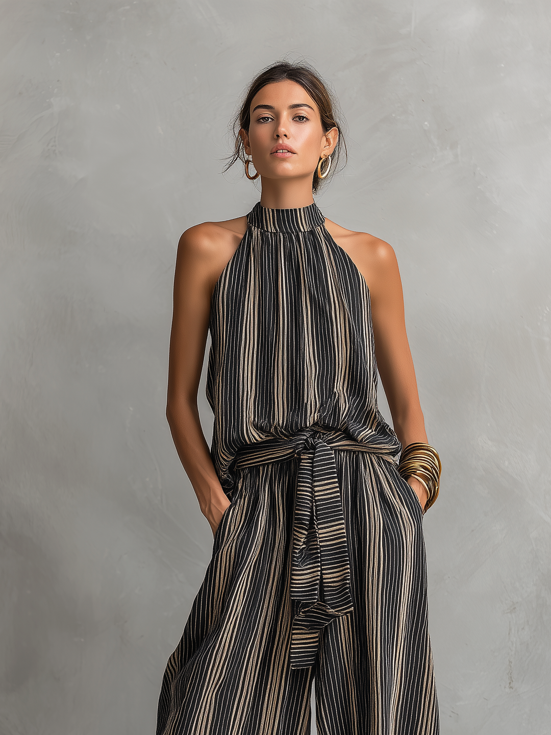 Women's Elegant Striped Printed Woven Round Neck Sleeveless Top Paired With Trousers Set
