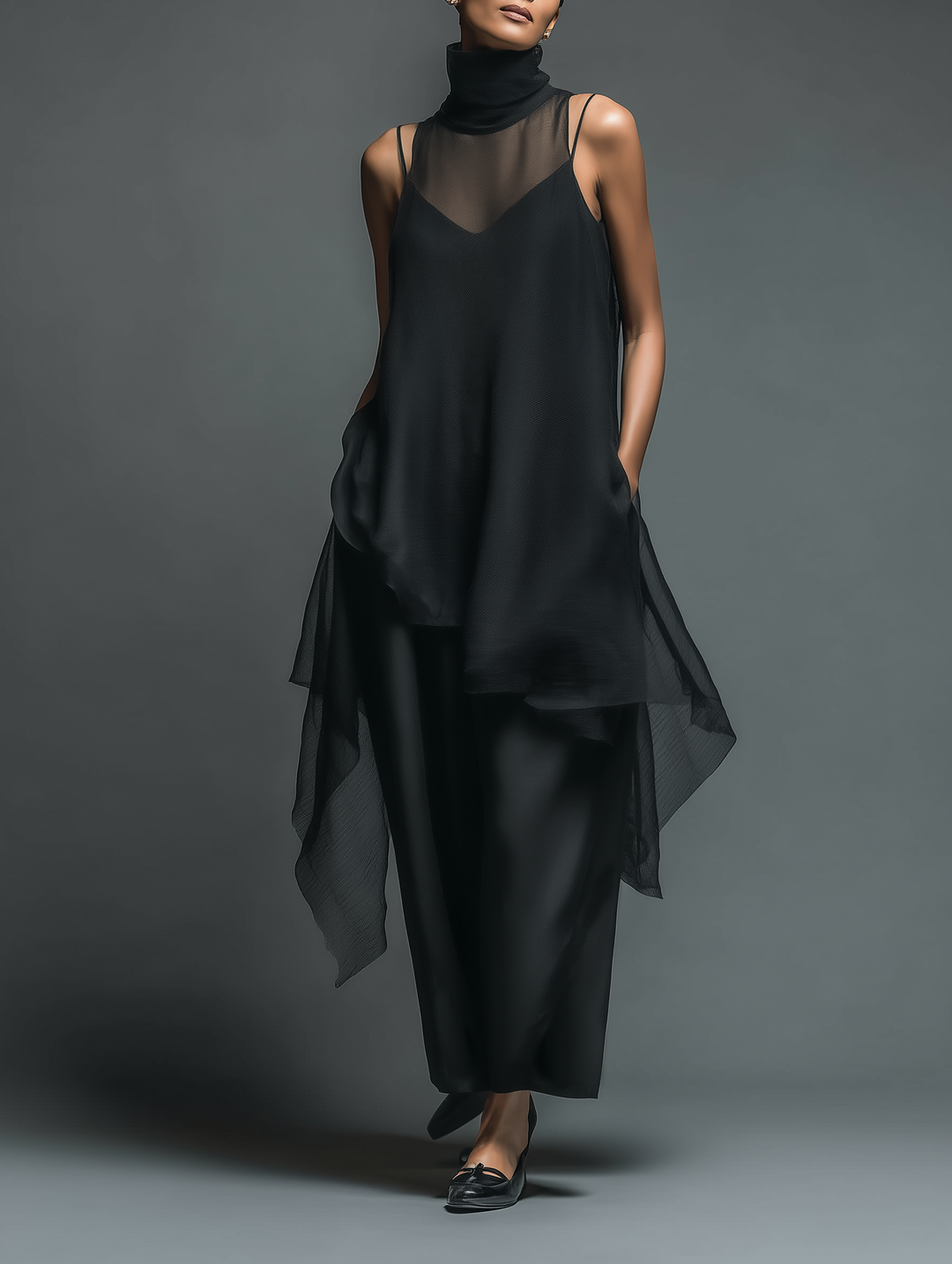 Women's Minimalist Imitation Acetate Slip Dress Paired With A Chiffon Overlay Maxi Dress