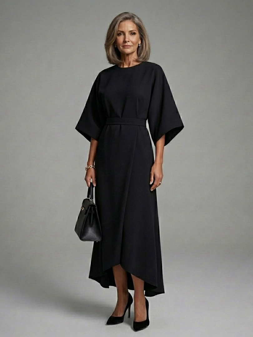 Cape Sleeve Midi Dress with Belted Waist